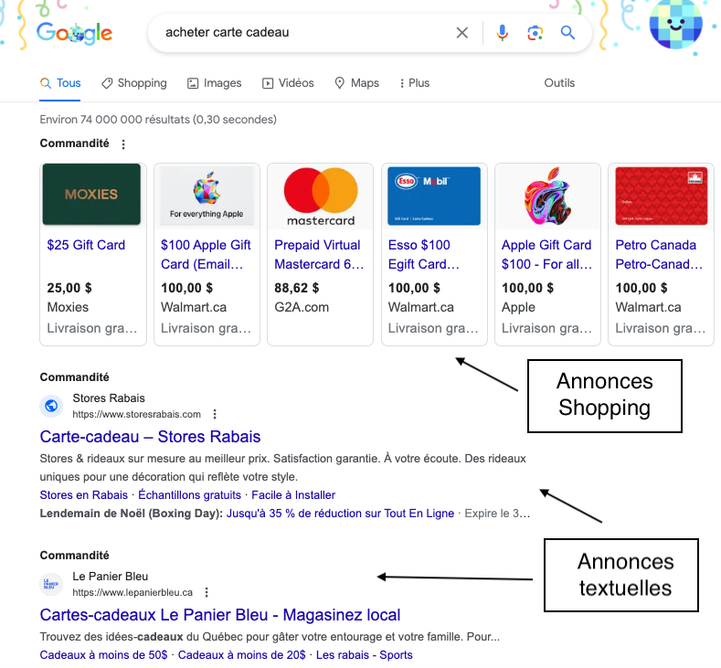 Exemples d'annonces textuelles dans les résultats de recherche Google
